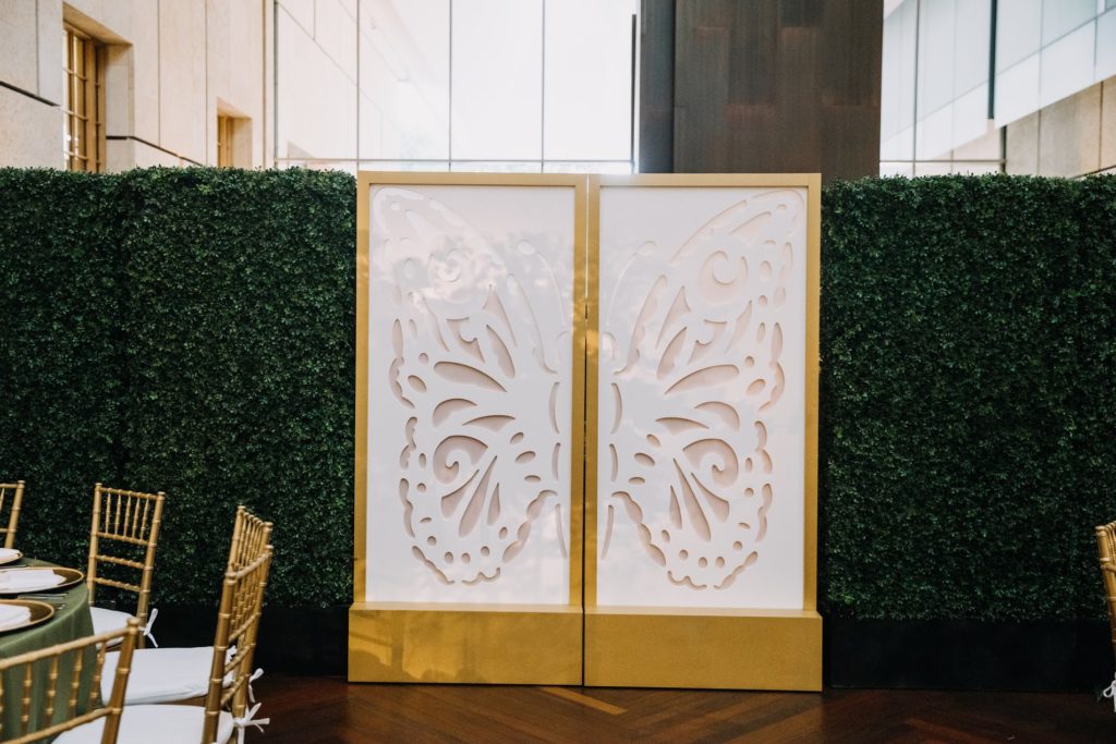 Boho Garden Summer Wedding custom butterfly room divider by Sebesta Design at the Barnes Foundation. Photography by Love Me Do Photography