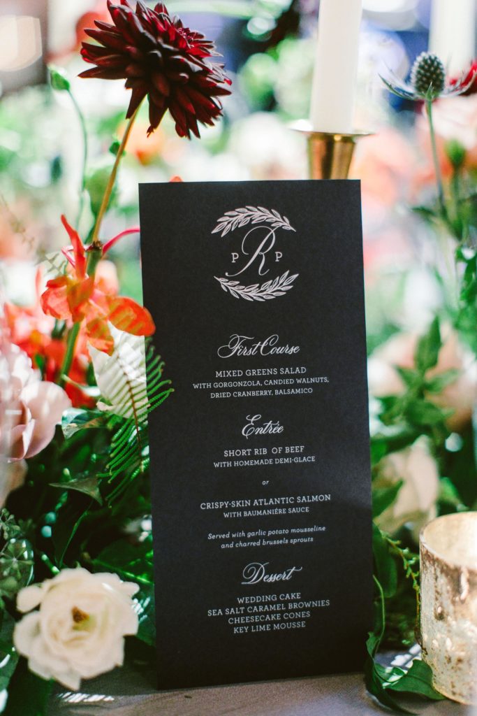 Elegant, Ethereal and Autumnal Pomme Radnor Wedding Reception. Menu Card Detail. Designed by Sebesta Design, Photography by Redfield Photography