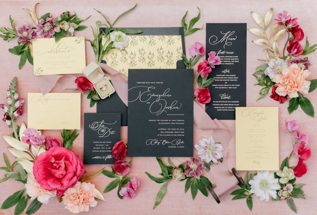 Love is in the Air styled shoot and bespoke bridal event at the Horticulture Center, custom invitation suite in black and gold with floral accents. Event design by Sebesta Design, Invitations by The Papery. Photography by Emily Wren Photography. 