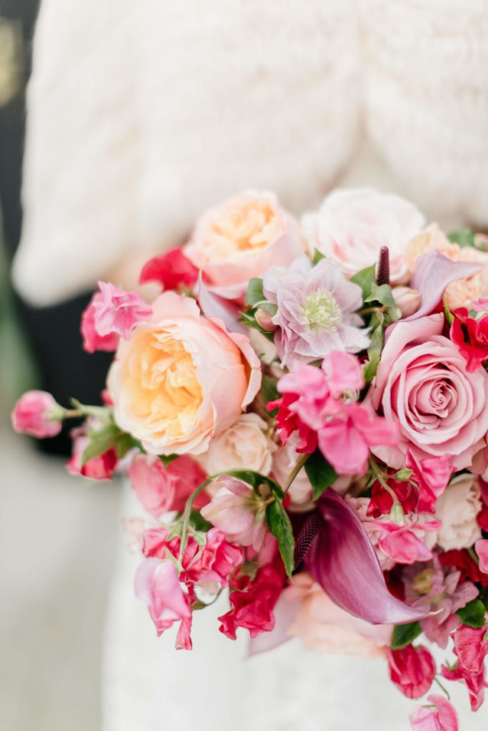 Love is in the Air styled shoot and bespoke bridal event at the Horticulture Center, bridal bouquet detail with sweet peas, roses and garden roses . Event design and florals by Sebesta Design. Photography by Emily Wren Photography. 