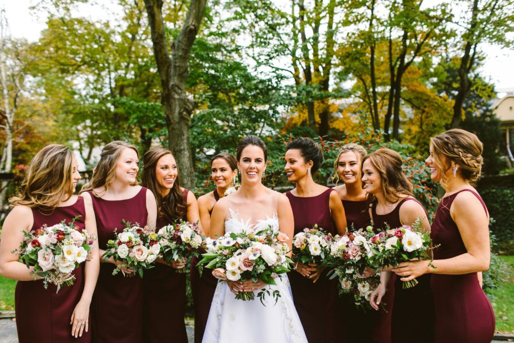 Elegant, Ethereal and Autumnal Wedding Bride and Bridesmaids Bouquets of garden roses, cabbage roses, anemones, astrantia, spray roses, lisianthus, garden greenery and jasmine vine Designed by Sebesta Design, Photography by Redfield Photography