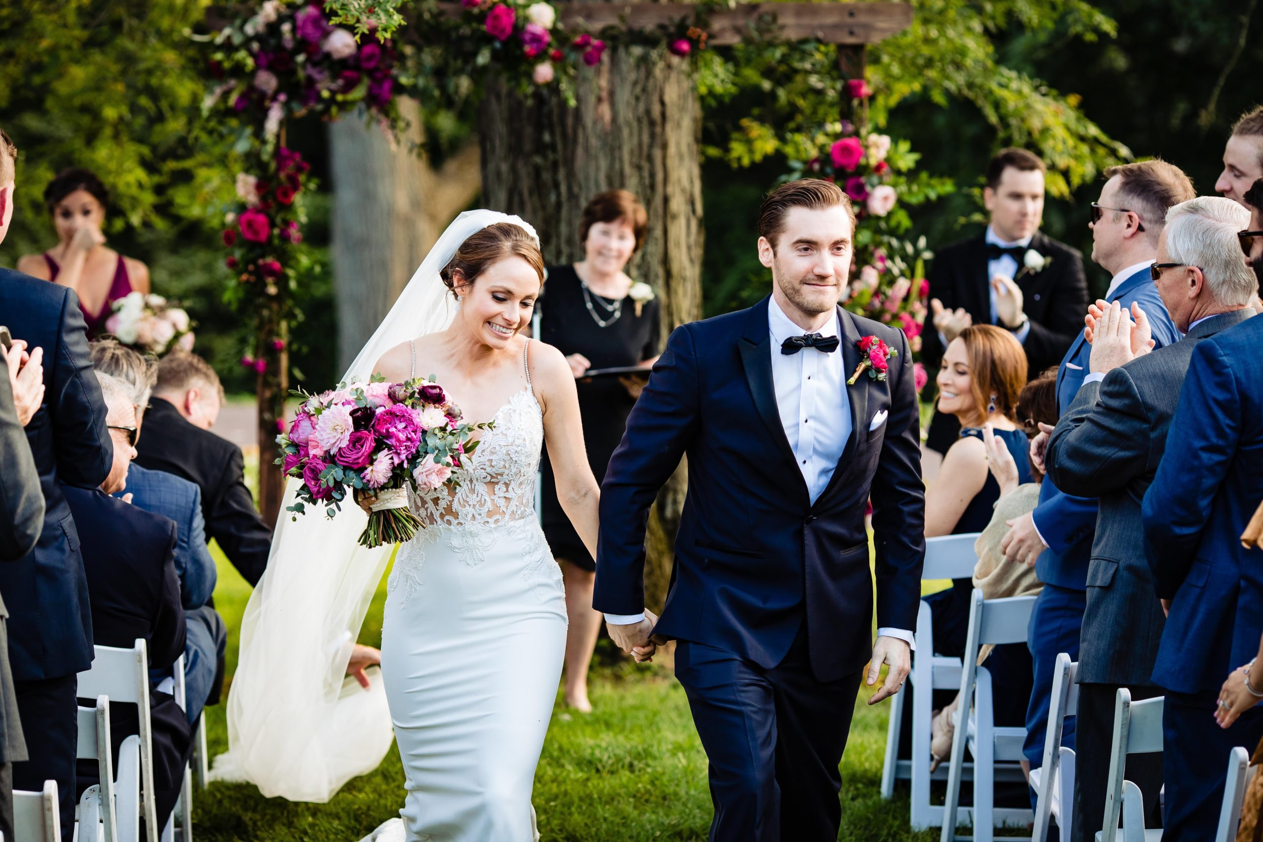 Fun Pink Garden wedding Ceremony at John James Audubon Center by Sebesta Design photographed by Morby Photography