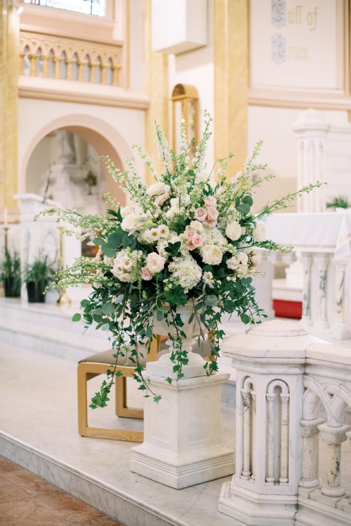 Classic Timeless Garden Inspired Church Wedding Ceremony Altar Arrangements by Sebesta design at Our Lady Star of the Sea in Cape May, NJ, photography by Rachel Pearlman Photography