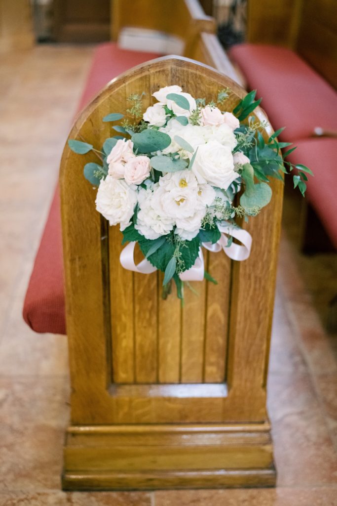 Classic Timeless Garden Inspired Church Wedding Ceremony Pew Decorations by Sebesta design at Our Lady Star of the Sea in Cape May, NJ, photography by Rachel Pearlman Photography