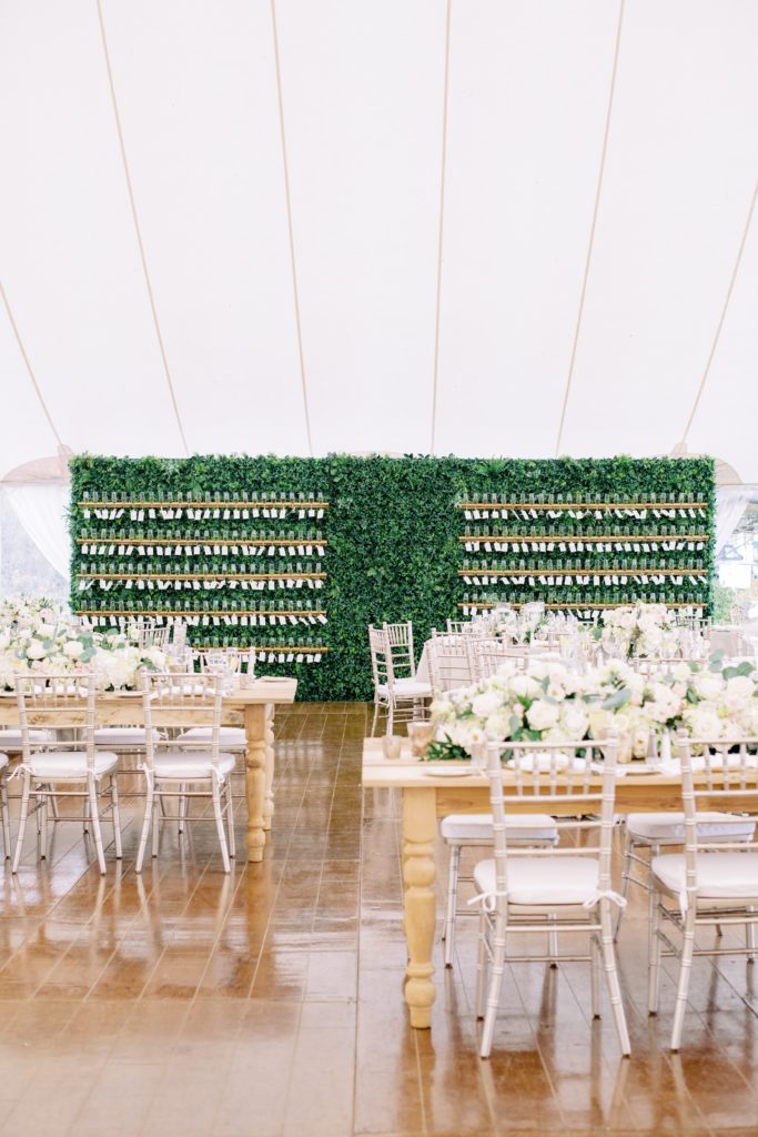 Classic Timeless Garden Party Wedding Reception, Custom greenery covered champagne escort card display at Congress Hall in Cape May, NJ. Event design by Sebesta design, photography by Rachel Pearlman Photography